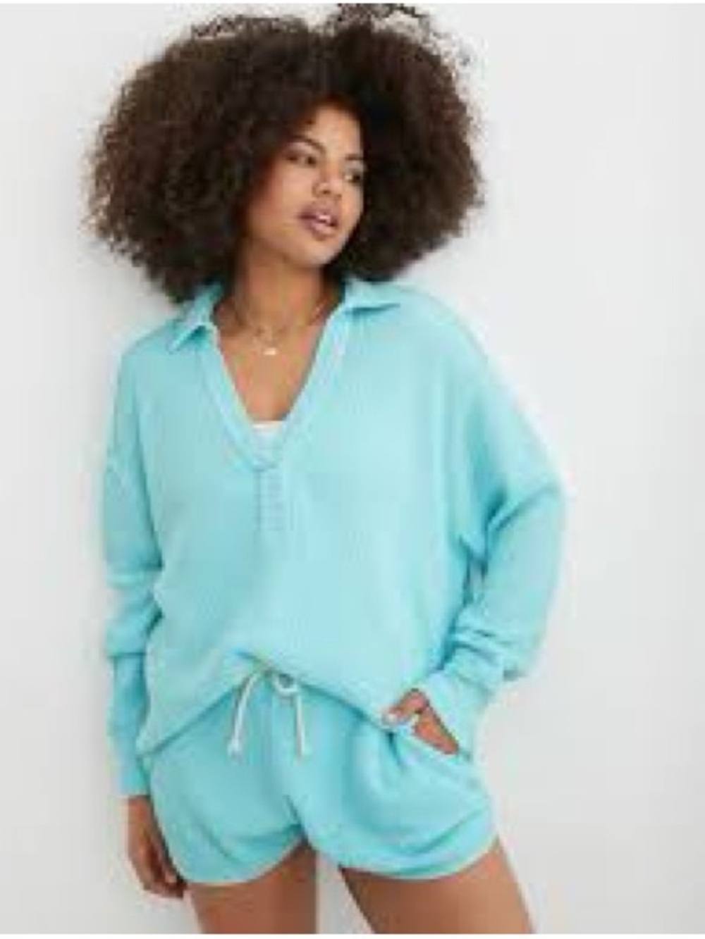 Aerie Blue Waffle Knit Lounge Set 2 Piece Loungewear Long Sleeve and Shorts XXS